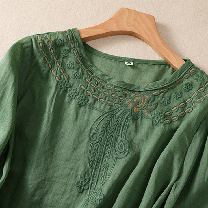 Koszula damska Buddha Stones z okrągłym dekoltem i pustym wzorem, z krótkim rękawem, z bawełny i lnu