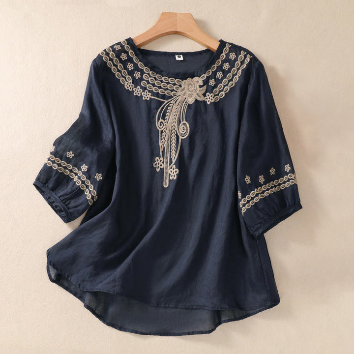 Koszula damska Buddha Stones z okrągłym dekoltem i pustym wzorem, z krótkim rękawem, z bawełny i lnu - MidnightBlue - US8-10，UK/AU12-14，EU40-42 (2XL) - image 7