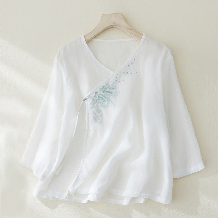 Koszula damska z haftem w kamienie Buddha Stones , z bawełny i lnu, z trzema czwartymi rękawami - Biały - US8-10，UK/AU12-14，EU40-42 (2XL) - image 7