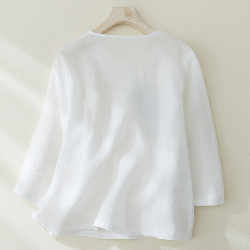 Koszula damska z haftem w kamienie Buddha Stones , z bawełny i lnu, z trzema czwartymi rękawami - image 8