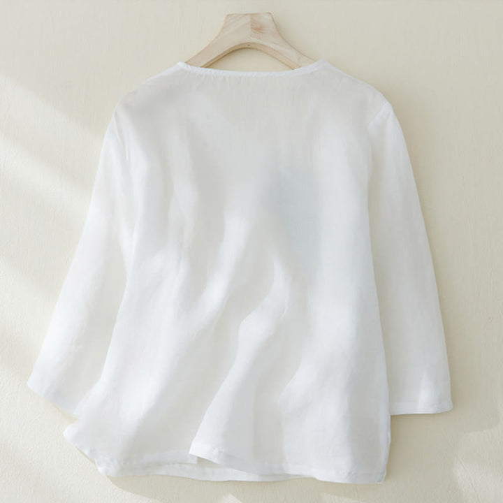 Koszula damska z haftem w kamienie Buddha Stones , z bawełny i lnu, z trzema czwartymi rękawami - image 8