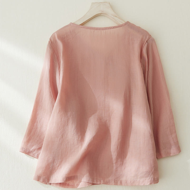 Koszula damska z haftem w kamienie Buddha Stones , z bawełny i lnu, z trzema czwartymi rękawami - image 1