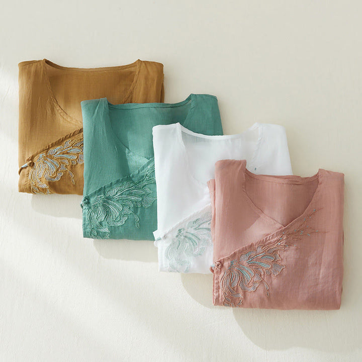 Koszula damska z haftem w kamienie Buddha Stones , z bawełny i lnu, z trzema czwartymi rękawami - image 27