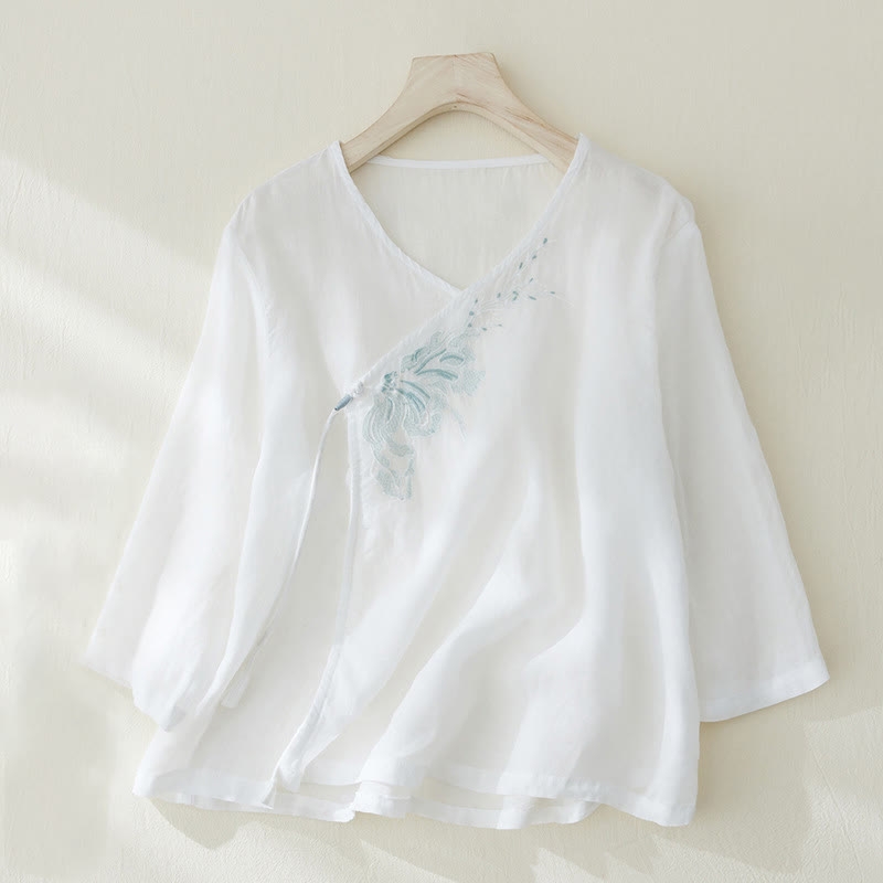 Koszula damska z haftem w kamienie Buddha Stones , z bawełny i lnu, z trzema czwartymi rękawami - Biały - US8-10，UK/AU12-14，EU40-42 (2XL) - image 8