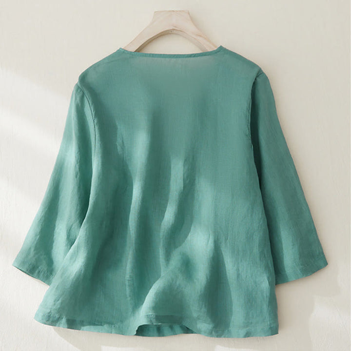 Koszula damska z haftem w kamienie Buddha Stones , z bawełny i lnu, z trzema czwartymi rękawami - image 21