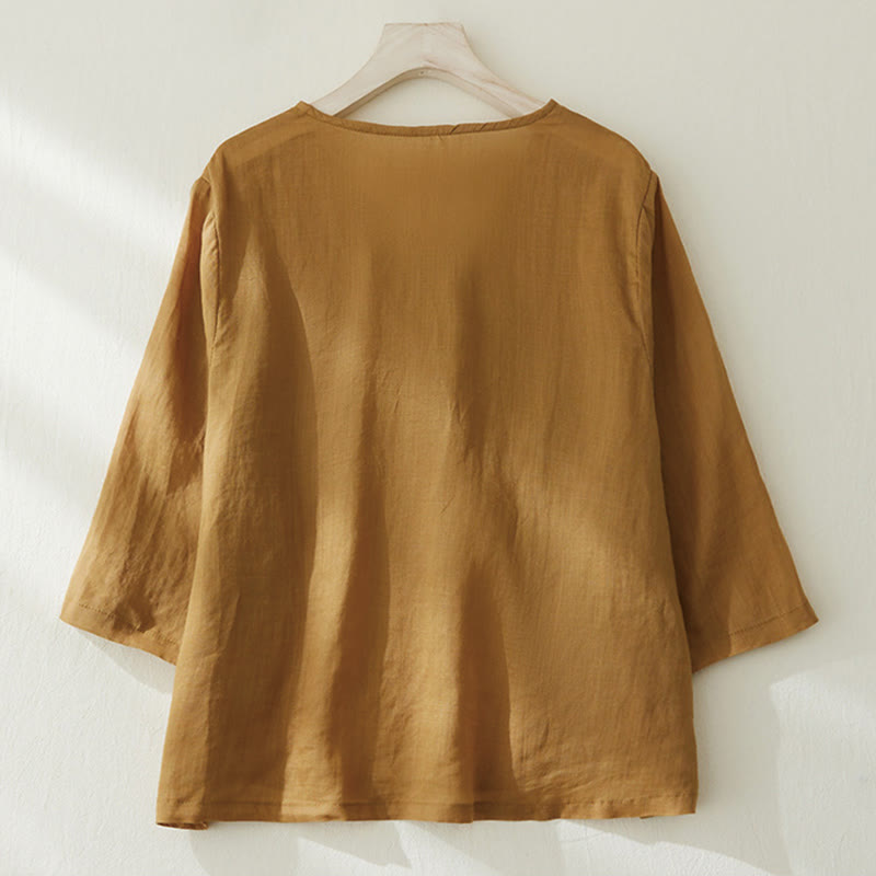 Koszula damska z haftem w kamienie Buddha Stones , z bawełny i lnu, z trzema czwartymi rękawami - image 15