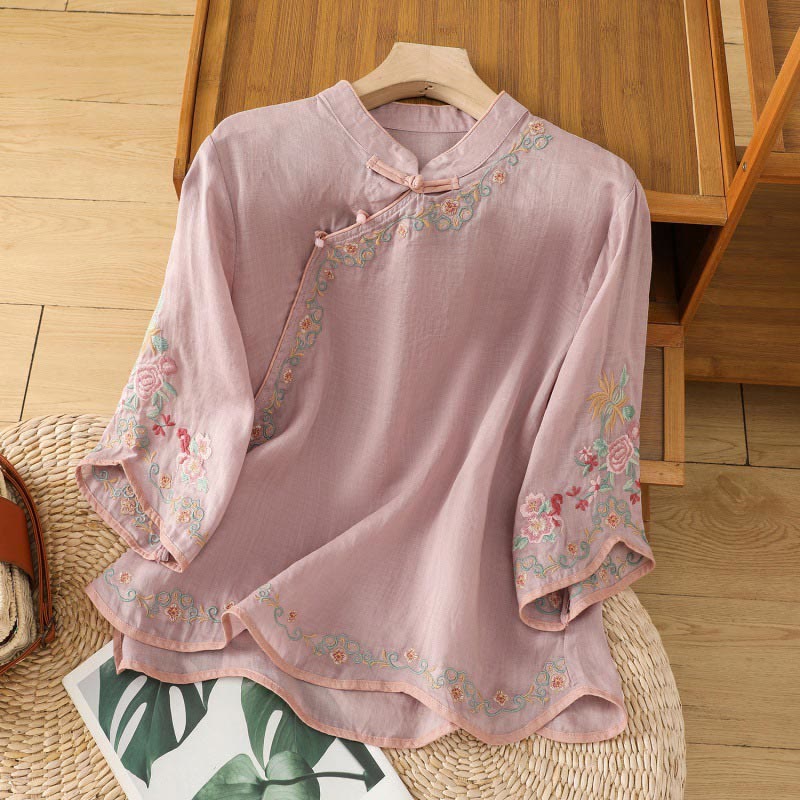 Koszula damska z haftowanym kołnierzykiem w kwiaty Buddha Stones Casual z bawełny i lnu z rękawami trzy czwarte - RosyBrown - US8-10，UK/AU12-14，EU40-42 (2XL) - image 5