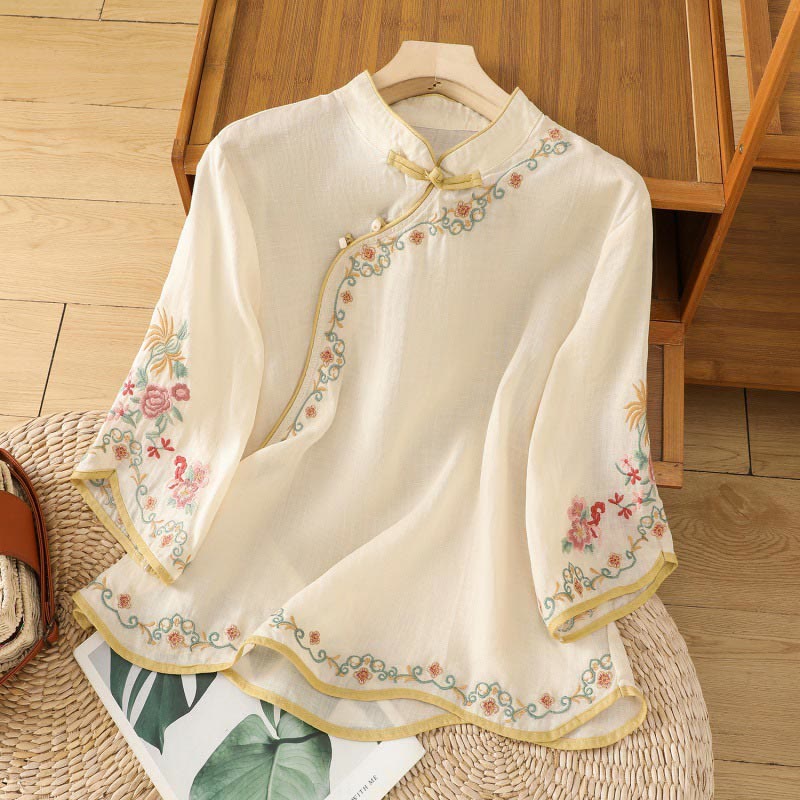 Koszula damska z haftowanym kołnierzykiem w kwiaty Buddha Stones Casual z bawełny i lnu z rękawami trzy czwarte - OldLace - US8-10，UK/AU12-14，EU40-42 (2XL) - image 0