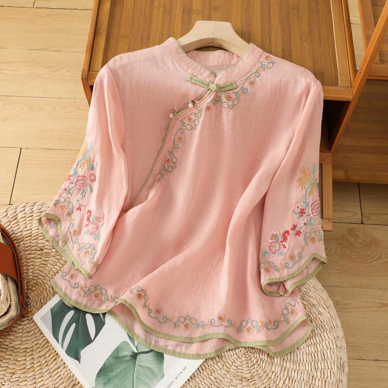 Koszula damska z haftowanym kołnierzykiem w kwiaty Buddha Stones Casual z bawełny i lnu z rękawami trzy czwarte - MistyRose - US8-10，UK/AU12-14，EU40-42 (2XL) - image 2
