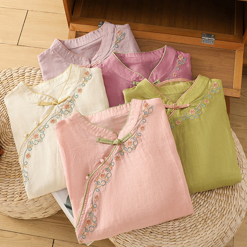 Koszula damska z haftowanym kołnierzykiem w kwiaty Buddha Stones Casual z bawełny i lnu z rękawami trzy czwarte - image 19