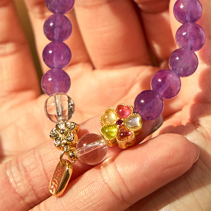 Buddha Stones Naturalny Ametyst Biały Kryształ Kwiat Uzdrawiający Bezpieczny I Dobrze Bransoletka z Urokiem - image 8