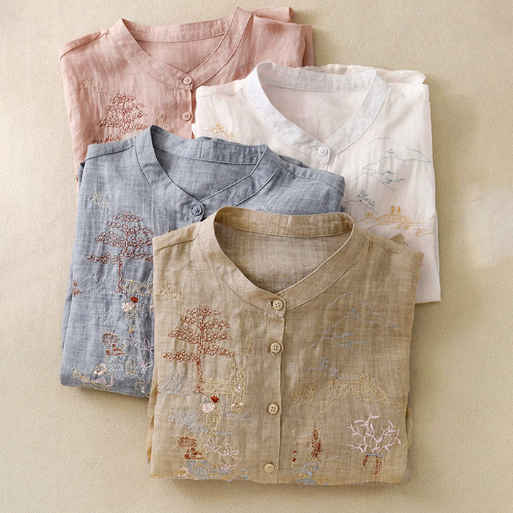 Koszula damska z bawełny i lnu z haftowanym kołnierzykiem i stójką w kształcie Buddha Stones - image 30