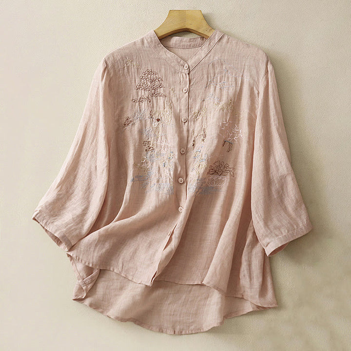 Koszula damska z bawełny i lnu z haftowanym kołnierzykiem i stójką w kształcie Buddha Stones - PeachPuff - US8-10，UK/AU12-14，EU40-42 (2XL) - image 0