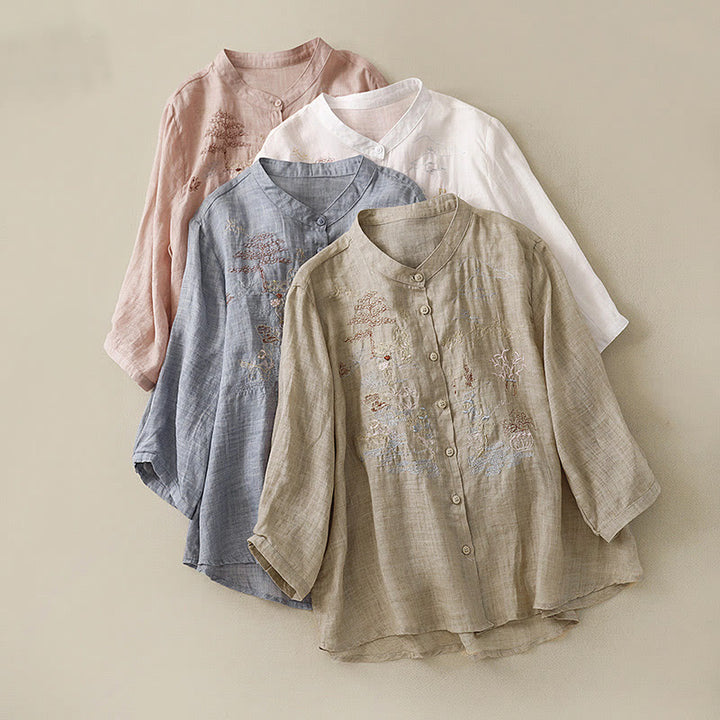 Koszula damska z bawełny i lnu z haftowanym kołnierzykiem i stójką w kształcie Buddha Stones - image 29