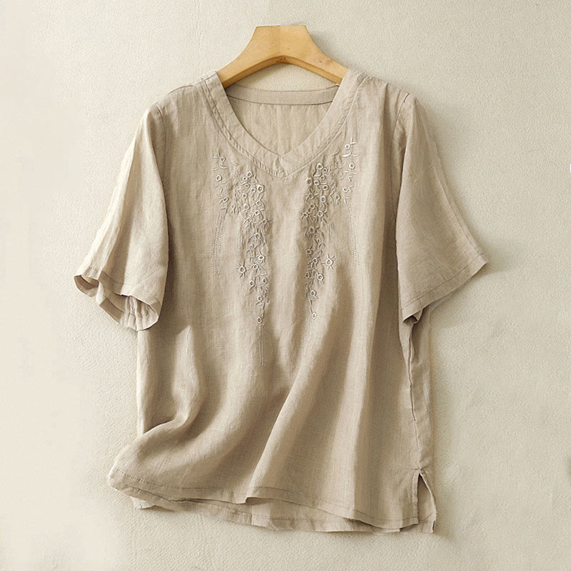 Koszula damska z haftowanymi kwiatami i dekoltem w serek, luźna, z krótkim rękawem i Buddha Stones - Dębnik - US8-10，UK/AU12-14，EU40-42 (2XL) - image 12