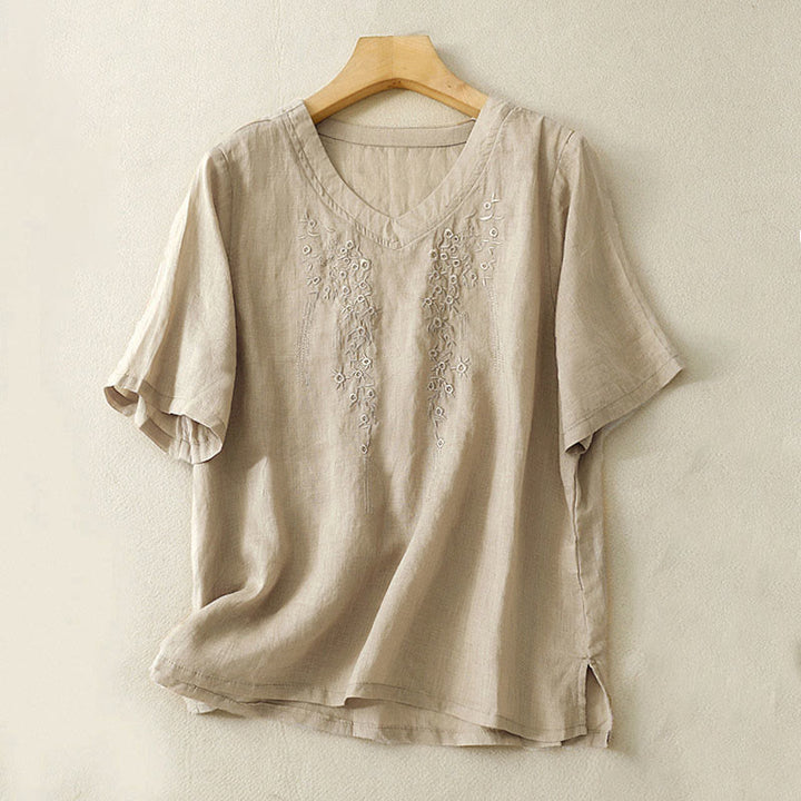 Koszula damska z haftowanymi kwiatami i dekoltem w serek, luźna, z krótkim rękawem i Buddha Stones - Dębnik - US8-10，UK/AU12-14，EU40-42 (2XL) - image 12