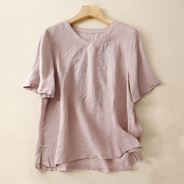 Koszula damska Buddha Stones Casual haftowana z kwiatami i dekoltem w serek, luźna, z półrękawem, z bawełny i lnu - Oset - US8-10，UK/AU12-14，EU40-42 (2XL) - image 6