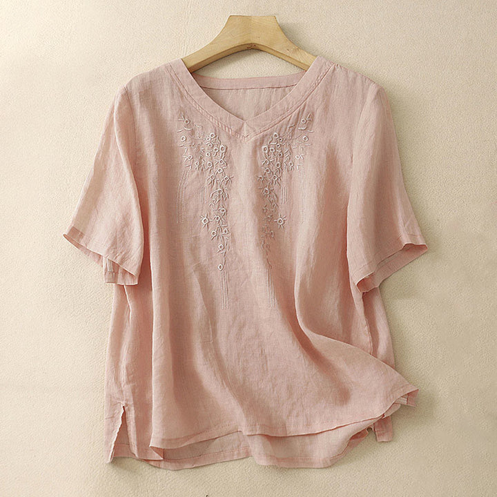 Koszula damska Buddha Stones Casual haftowana z kwiatami i dekoltem w serek, luźna, z półrękawem, z bawełny i lnu - DarkSalmon - US8-10，UK/AU12-14，EU40-42 (2XL) - image 0