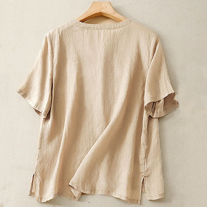 Koszula damska Buddha Stones Casual haftowana z kwiatami i dekoltem w serek, luźna, z półrękawem, z bawełny i lnu - image 13