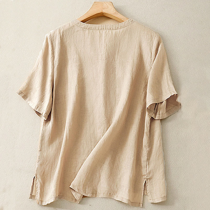 Koszula damska Buddha Stones Casual haftowana z kwiatami i dekoltem w serek, luźna, z półrękawem, z bawełny i lnu