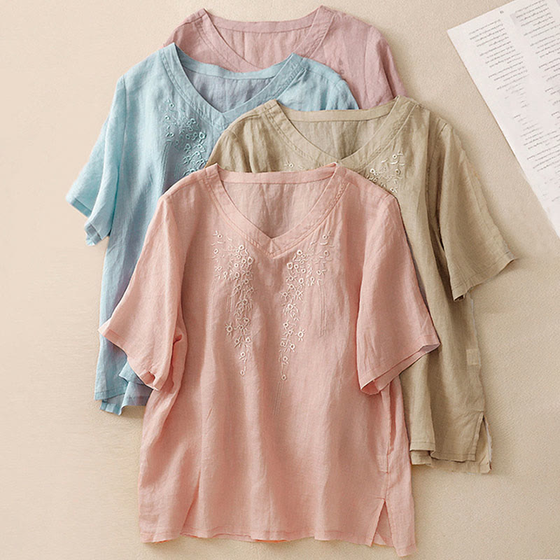 Koszula damska Buddha Stones Casual haftowana z kwiatami i dekoltem w serek, luźna, z półrękawem, z bawełny i lnu