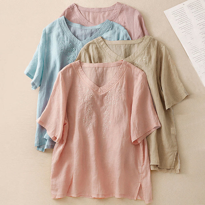 Koszula damska Buddha Stones Casual haftowana z kwiatami i dekoltem w serek, luźna, z półrękawem, z bawełny i lnu