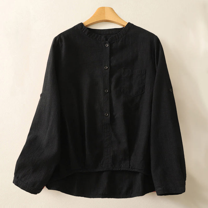 Koszula damska Buddha Stones Casual Loose Standing Collar Long Sleeve Design Gładka bawełniana lniana - Czarny - US8-10，UK/AU12-14，EU40-42 (2XL) - image 12