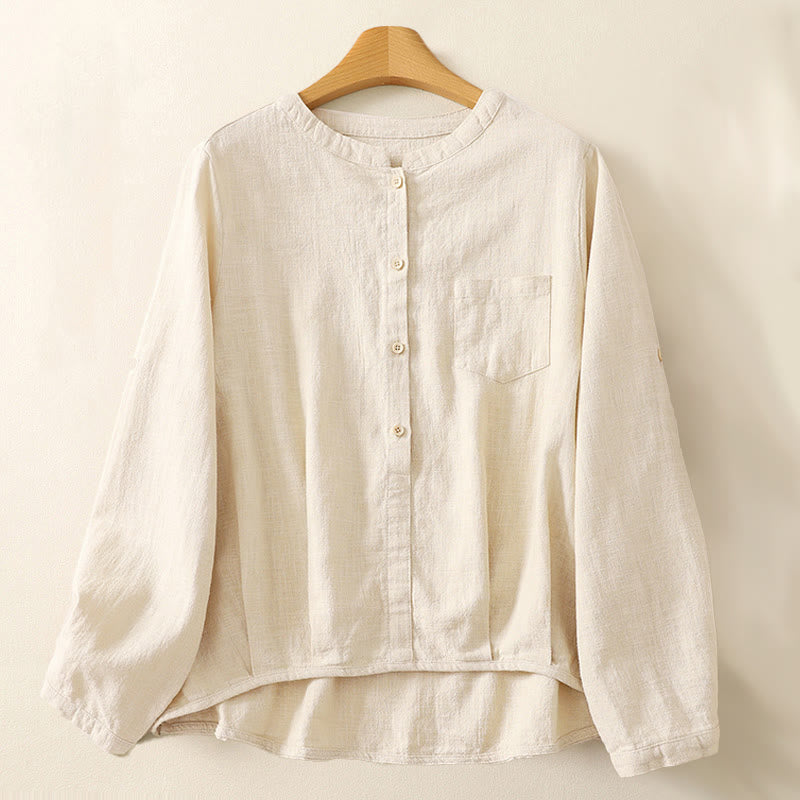 Koszula damska Buddha Stones Casual Loose Standing Collar Long Sleeve Design Gładka bawełniana lniana - Bielizna - US8-10，UK/AU12-14，EU40-42 (2XL) - image 4