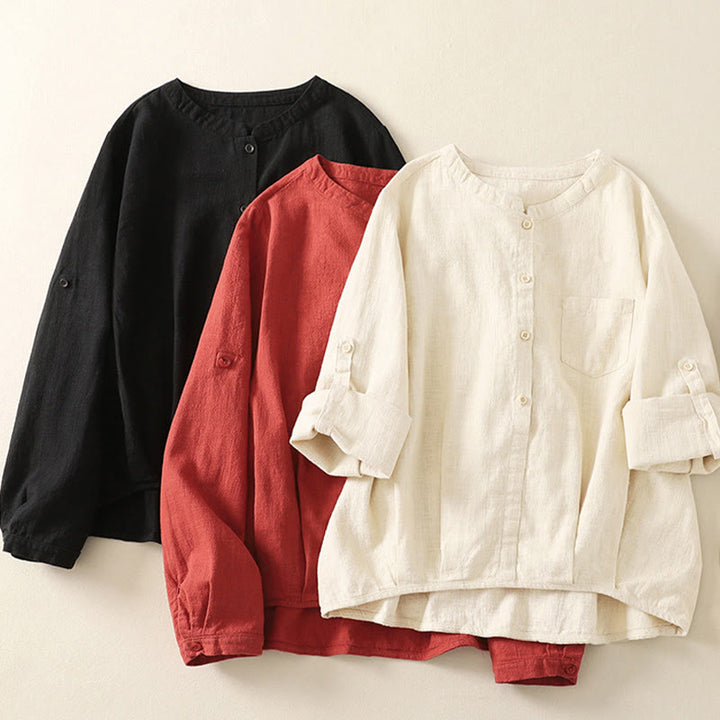 Koszula damska Buddha Stones Casual Loose Standing Collar Long Sleeve Design Gładka bawełniana lniana - image 16