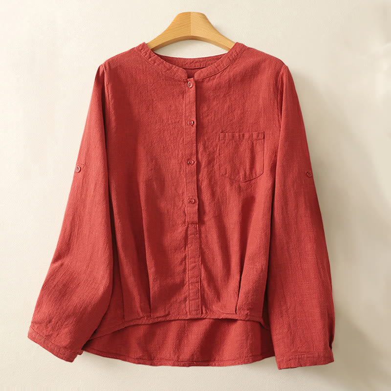 Koszula damska Buddha Stones Casual Loose Standing Collar Long Sleeve Design Gładka bawełniana lniana - Cegła ogniotrwała - US8-10，UK/AU12-14，EU40-42 (2XL) - image 0