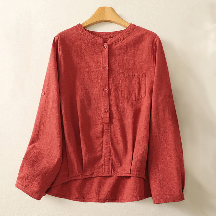 Koszula damska Buddha Stones Casual Loose Standing Collar Long Sleeve Design Gładka bawełniana lniana - Cegła ogniotrwała - US8-10，UK/AU12-14，EU40-42 (2XL) - image 0