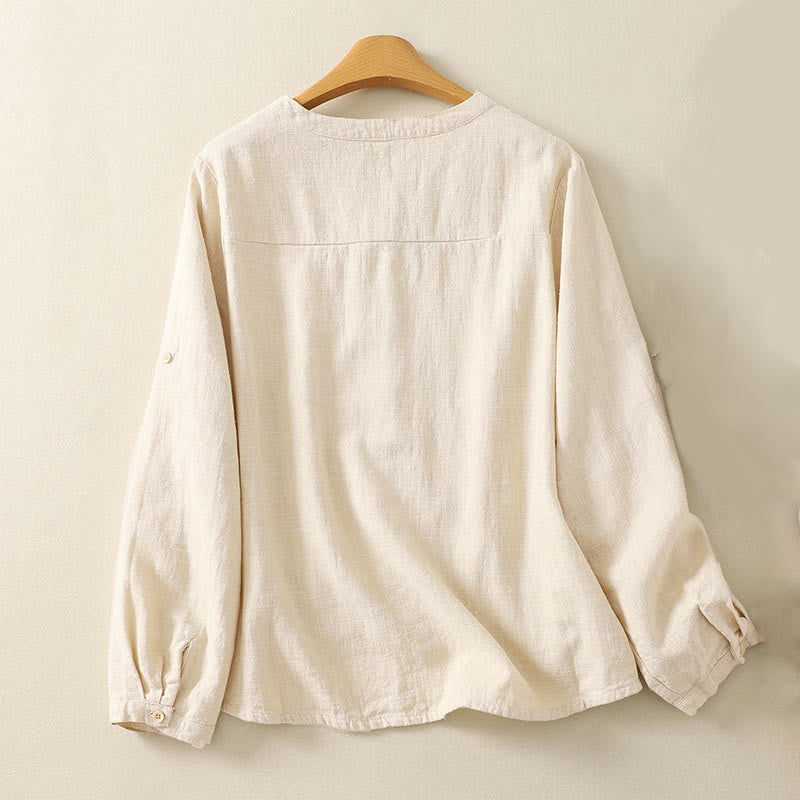 Koszula damska Buddha Stones Casual Loose Standing Collar Long Sleeve Design Gładka bawełniana lniana - image 5