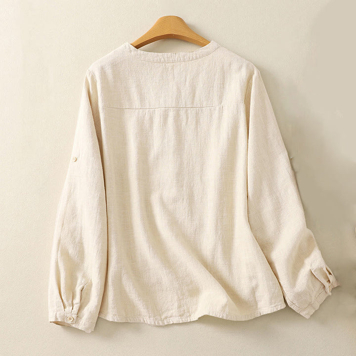 Koszula damska Buddha Stones Casual Loose Standing Collar Long Sleeve Design Gładka bawełniana lniana - image 5