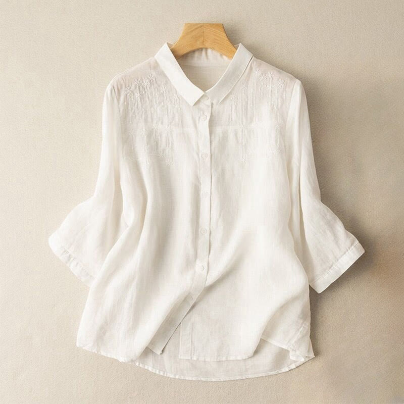 Koszula damska z haftem i stojącym kołnierzykiem Buddha Stones Casual z krótkim rękawem, wykonana z bawełny i lnu - Biały - US8-10，UK/AU12-14，EU40-42 (2XL) - image 5