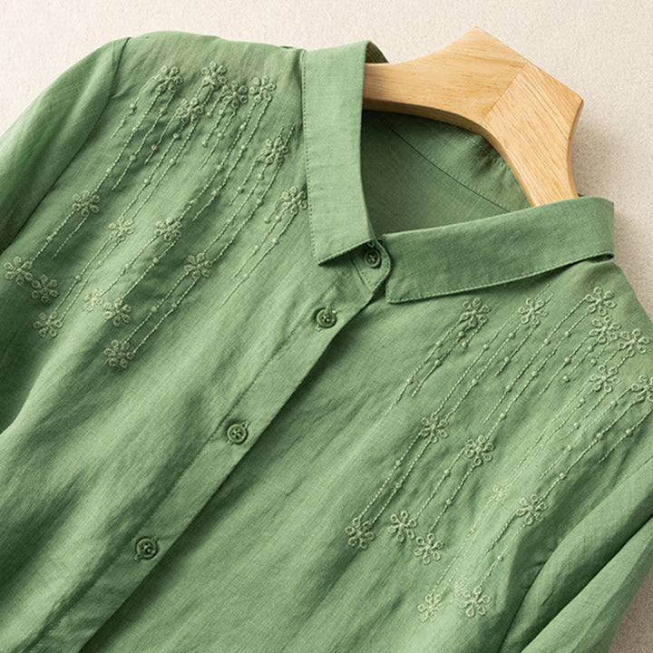 Koszula damska z haftem i stojącym kołnierzykiem Buddha Stones Casual z krótkim rękawem, wykonana z bawełny i lnu - image 3