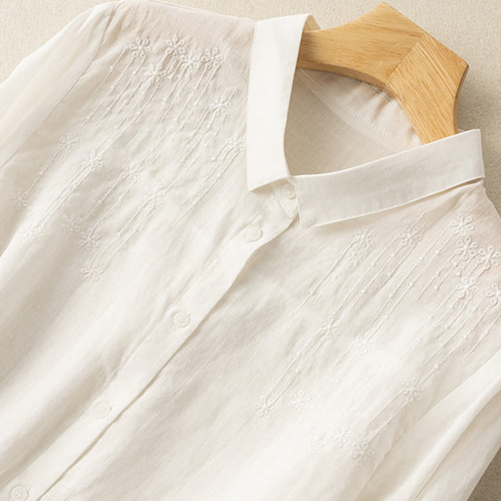 Koszula damska z haftem i stojącym kołnierzykiem Buddha Stones Casual z krótkim rękawem, wykonana z bawełny i lnu