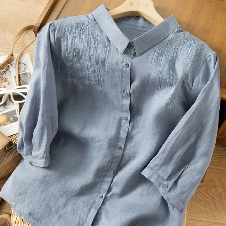 Koszula damska z haftem i stojącym kołnierzykiem Buddha Stones Casual z krótkim rękawem, wykonana z bawełny i lnu - image 11