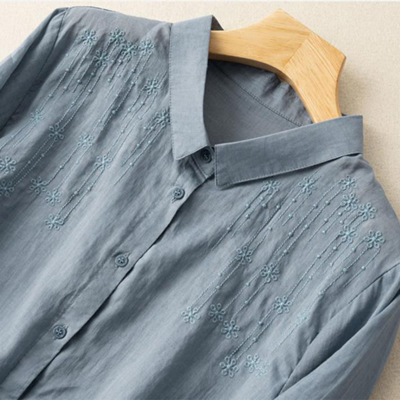 Koszula damska z haftem i stojącym kołnierzykiem Buddha Stones Casual z krótkim rękawem, wykonana z bawełny i lnu - image 12