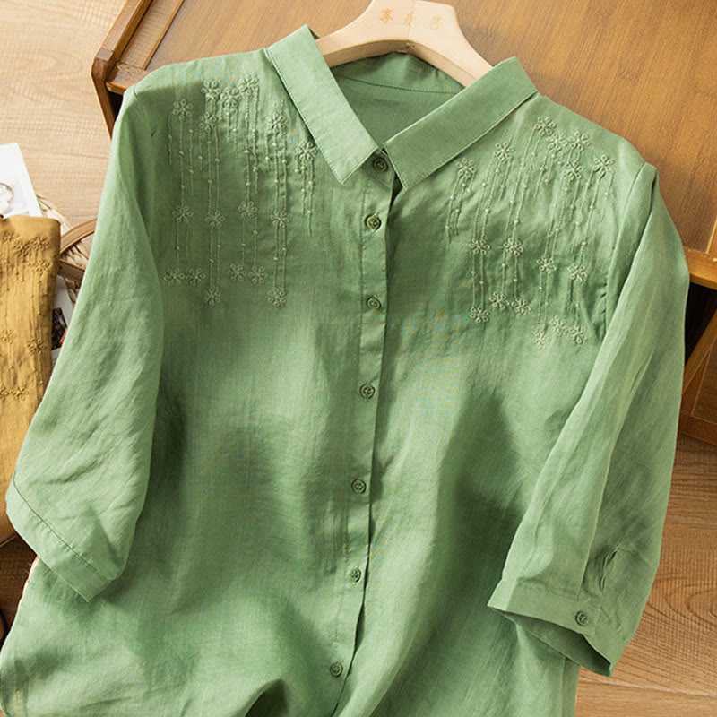 Koszula damska z haftem i stojącym kołnierzykiem Buddha Stones Casual z krótkim rękawem, wykonana z bawełny i lnu - image 2