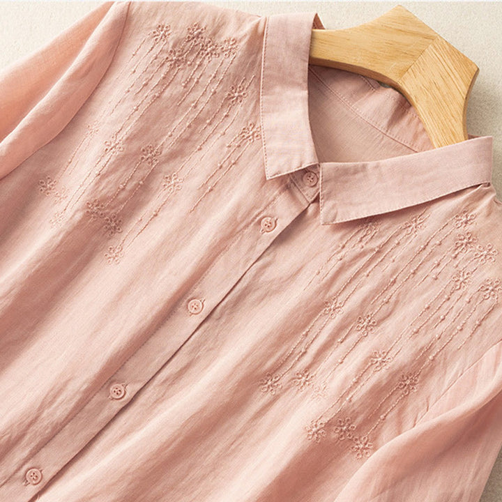 Koszula damska z haftem i stojącym kołnierzykiem Buddha Stones Casual z krótkim rękawem, wykonana z bawełny i lnu