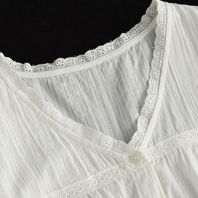 Koszula damska Buddha Stones z czystej białej koronki z dekoltem w serek i krótkim rękawem wykonana z bawełny - image 6