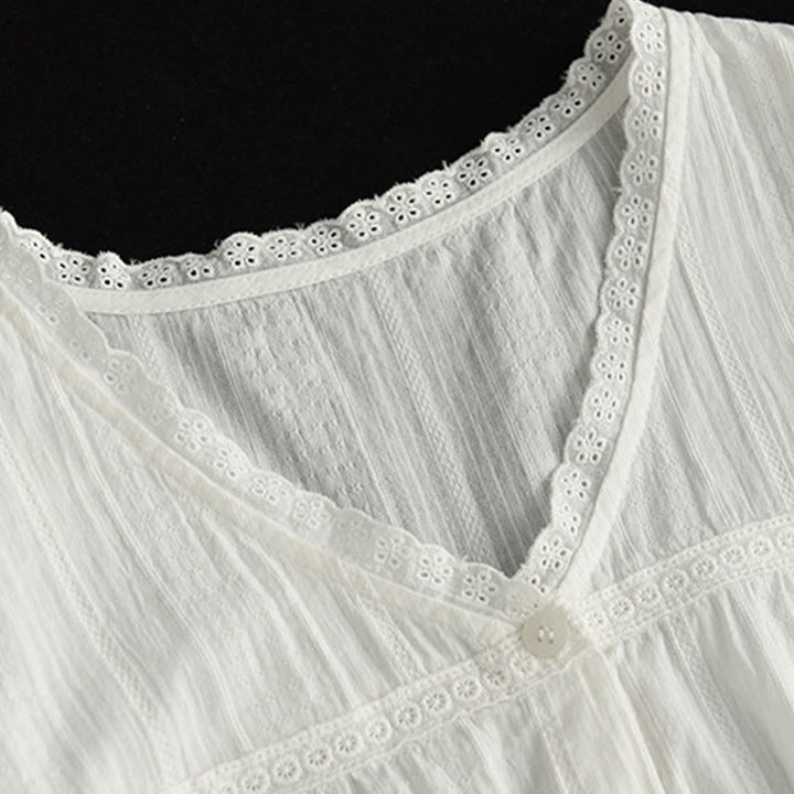 Koszula damska Buddha Stones z czystej białej koronki z dekoltem w serek i krótkim rękawem wykonana z bawełny - image 6