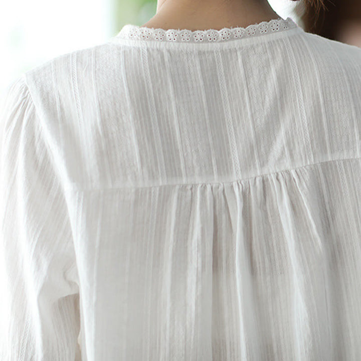 Koszula damska Buddha Stones z czystej białej koronki z dekoltem w serek i krótkim rękawem wykonana z bawełny - image 5