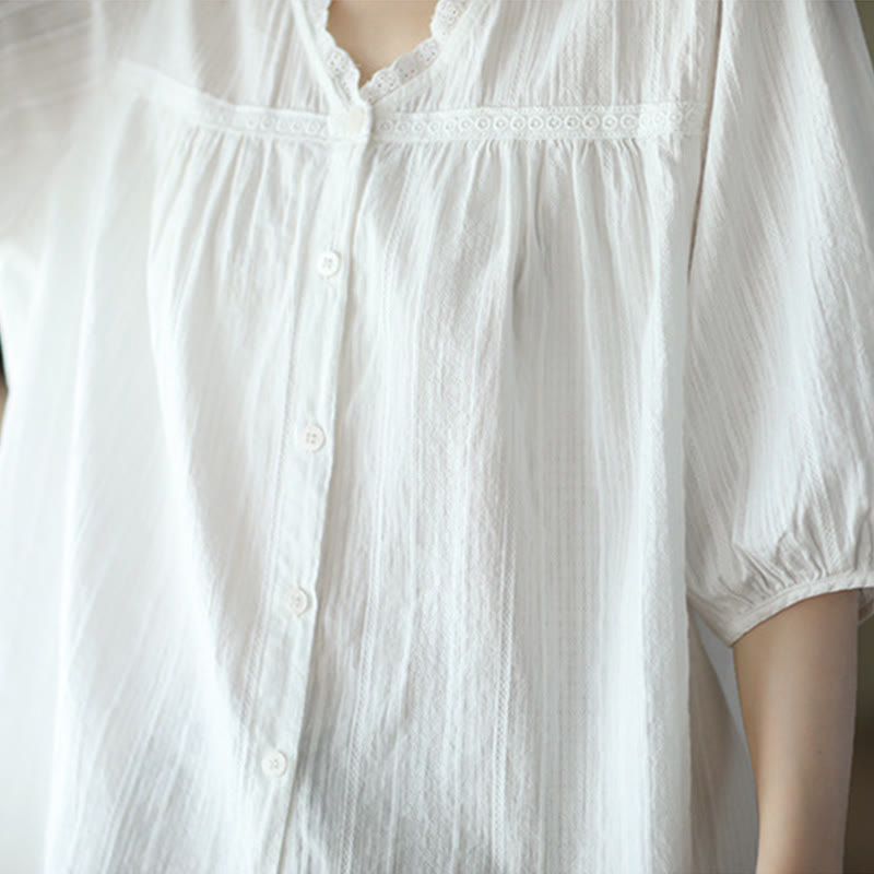 Koszula damska Buddha Stones z czystej białej koronki z dekoltem w serek i krótkim rękawem wykonana z bawełny - image 7