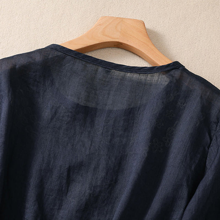 Koszula damska Buddha Stones z okrągłym dekoltem i pustym wzorem, z krótkim rękawem, z bawełny i lnu