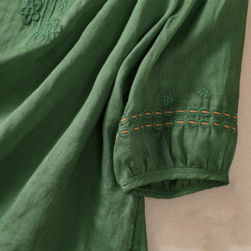 Koszula damska Buddha Stones z okrągłym dekoltem i pustym wzorem, z krótkim rękawem, z bawełny i lnu - image 22