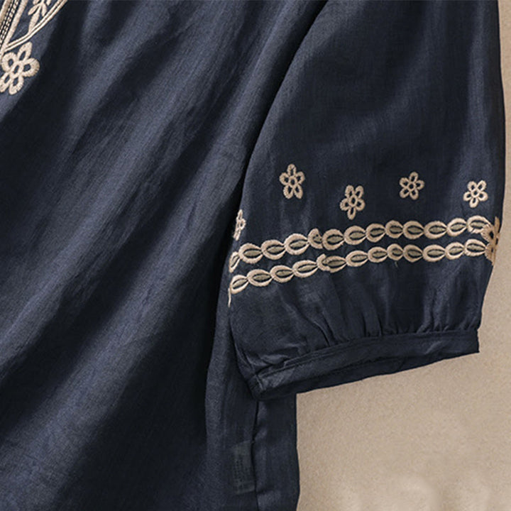 Koszula damska Buddha Stones z okrągłym dekoltem i pustym wzorem, z krótkim rękawem, z bawełny i lnu - image 13