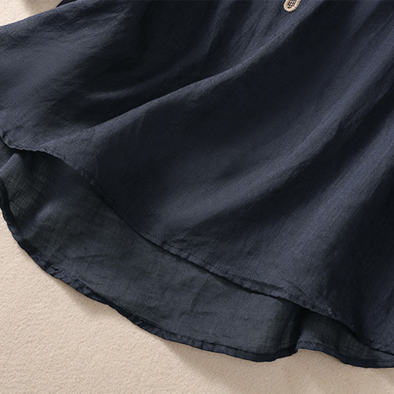 Koszula damska Buddha Stones z okrągłym dekoltem i pustym wzorem, z krótkim rękawem, z bawełny i lnu