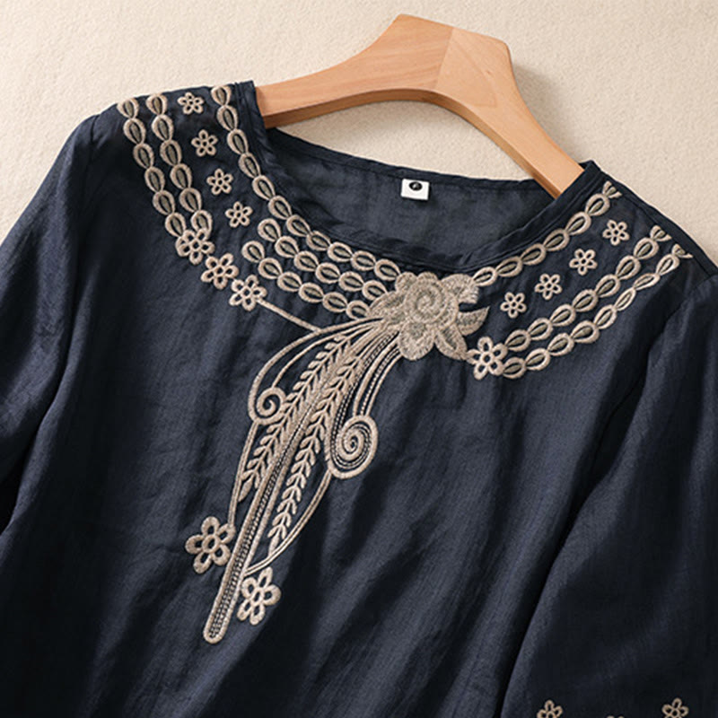 Koszula damska Buddha Stones z okrągłym dekoltem i pustym wzorem, z krótkim rękawem, z bawełny i lnu - image 9