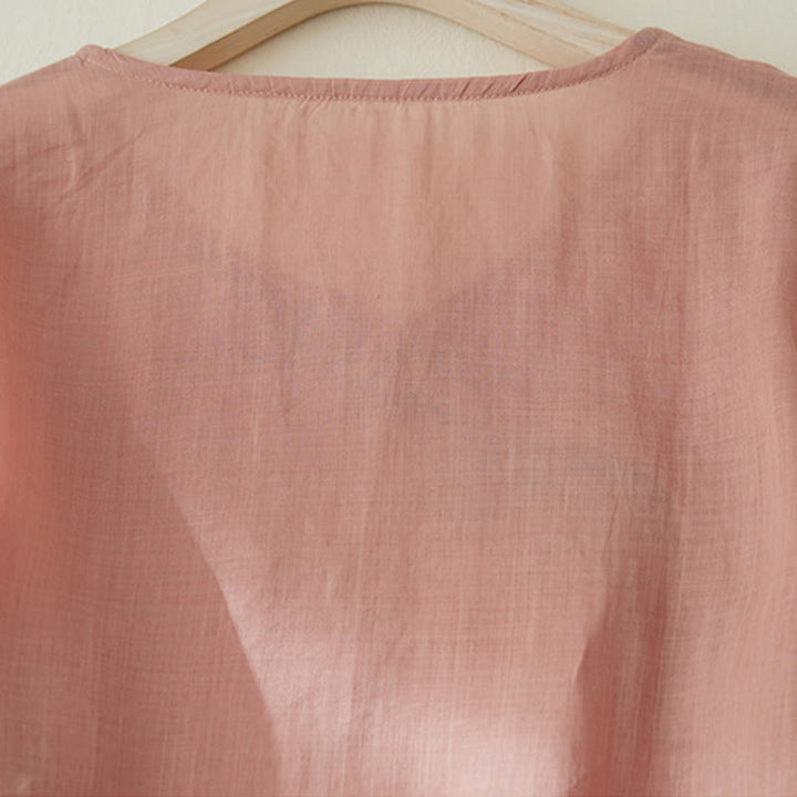 Koszula damska z haftem w kamienie Buddha Stones , z bawełny i lnu, z trzema czwartymi rękawami - image 3